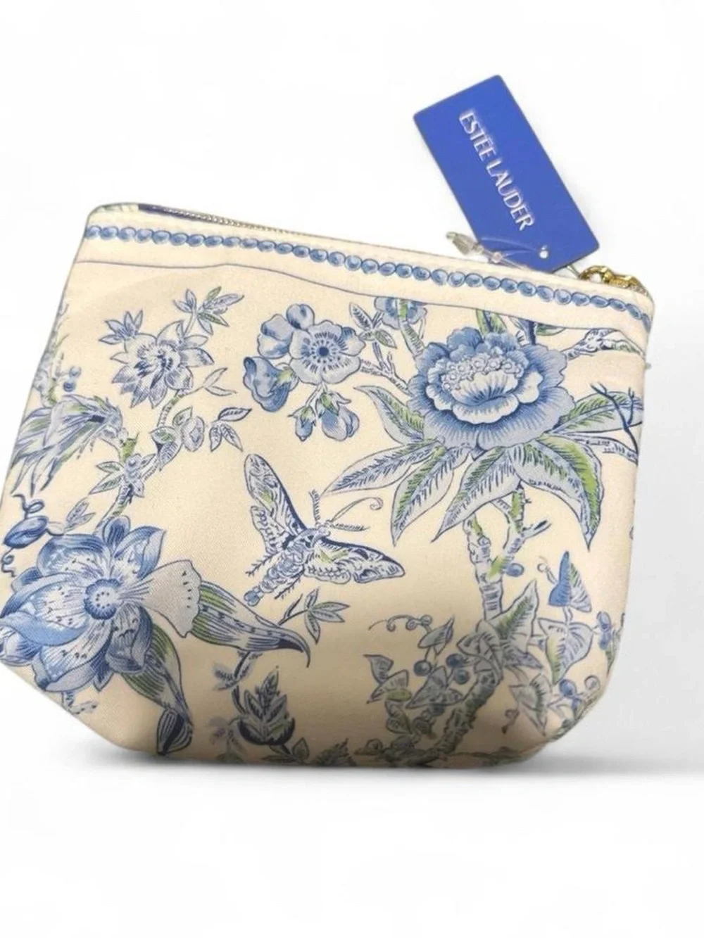 Estee Lauder Cream and Blue Floral Cosmetic Bag - Picture 1 of 2